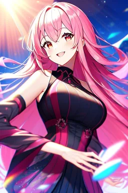 girl, masterpiece, best quality, cinematic lighting, detailed outfit, vibrant colors, perfect eyes, long hair, pink hair, red eyes, lens flare, laughing,