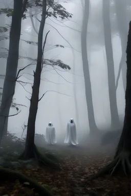 Spooky ghosts in a misty forest