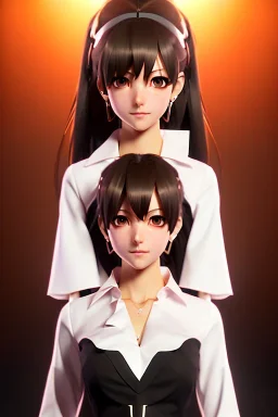 young anime business woman, brown hair, dark orange eyes, hoop earrings, red blouse, elegant, dark eyeshadow, black eyeliner, high arch angular eyebrows, head and shoulders portrait, 8k resolution, Artgerm, WLOP, Alphonse Mucha dynamic lighting, hyperdetailed, intricately detailed, retroanime