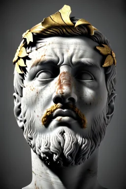 Ultra Realistic image, Roman sculpture, white marble material, Lionel Messi, gold Laurel leaves wreath, renaissance ornaments, one gold star in heart, sun ornament, sun rays background, chisel style, waist up portrait, emperor style, epic, celestial, cinematic lighting, God light, god rays, 4k resolution, smooth details, ornate details, soft lighting, unreal engine 5, art station, substance 3d.