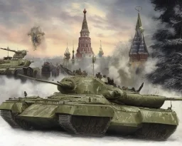 cruel satan president Vladimir Putin in Moscow with tanks fangs and bombs guns