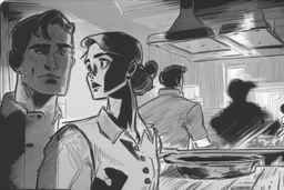 black and white storyboard, wide, on the Foreground there is a man and a girl in profile close to the camera, we see just their upper body and chins as they are passing by, and in the background, 3 chefs, scattered throughout the kitchen cooking, frying, cutting