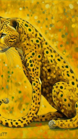 A yellow lightning elemental cheetah painted by Gustav Klimt