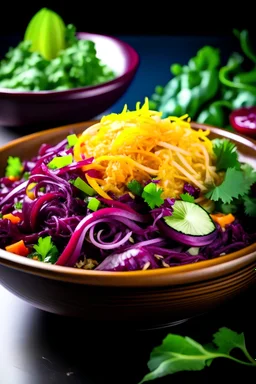 A picture of a colorful and vibrant bowl of mixed greens with crunchy onions, red cabbage, and pineapple.