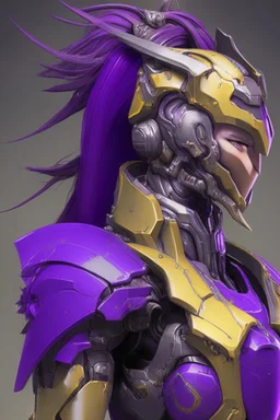 A Genderless Cyborg made of metal, has a human like face with a long violet ponytail, the cybord is wearing armor similar to Omega. The color palatte of the armour is deep purple and yellow.