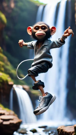 magazine cover, twisted rock star alien gremlin monkey rapper crew with silver boots as a pimp walking tight rope rushing down heavens waterfall,bokeh like f/0.8, tilt-shift lens 8k, high detail, smooth render, down-light, unreal engine, prize winning