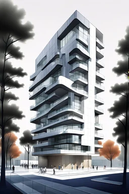 Dibujo arquitectónico de un edificio de cinco pisos, moderno, diseñado aplicando la proporción, estilo minimalista futurista, calidad ultra, gente, árboles, colores contrastantes