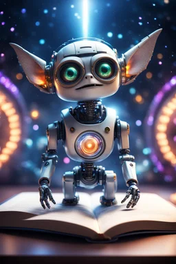 Robot hypnosis survivor at 1hit.no,book cover illustration, portrait of ultimate transcendent happy chat gremlin space with spotlights, in front of space portal dimensional glittering device, bokeh like f/0.8, tilt-shift lens 8k, high detail, smooth render, down-light, unreal engine, prize winning