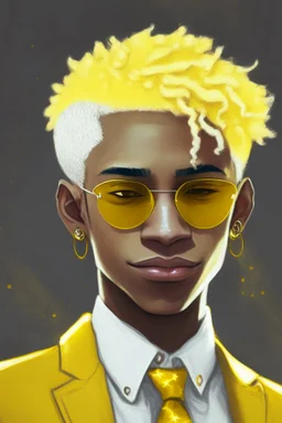 Realistic young man with fluffy yellow hair, big black eyes, yellow freckles, small black earrings, smirk, light brown skin, yellow tuxedo, yellow star sunglasses on head