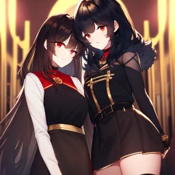 Clear Focus, High resolution, black medium fluffy hair, hair parted so beatifully, red eyes, wearing a red collar, wearing a black shirt that is half black and half gold, one sleeve is golden and the other is black, wearing a short black skirt with gold at the bottom, black fingerless gloves, long golden stockings, smiling, extreme close up