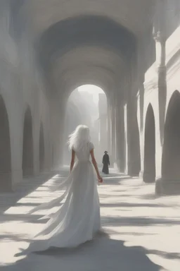 Woman with white hair wearing a white dress, walking down a sunlit stone hall, AND a handsome man in the background lurking in the shadows with long black hair