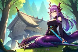 House, forest, girl , purple hair, dragon tail, dragon horns, sit, dragon ear , have sword