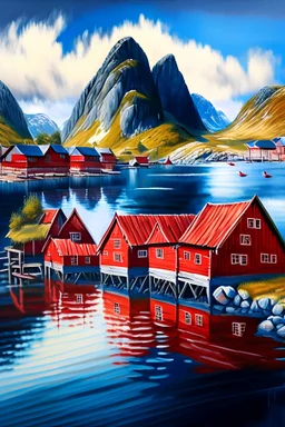 realistic painting of a village in Norway. Lofoten island. Red wooden houses. Water, lake, mountains, blue sky, art, brush strokes, pencil, colored pencil, graphite