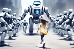 Girl running to attack robot army, photo real