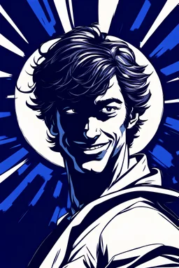 artwork, comic style, dark blue, a man, happy