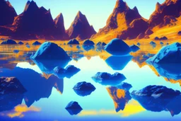 blue exoplanet in the sky, water reflection, rocks, vegetation, hd