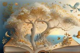 an art book with an illustration of flowers and exotics in the tree, in the style of light silver and light amber, whimsical dreamscapes, greek scene painting, aerial view, whimsical animals, sea and mountain scenes, glistening