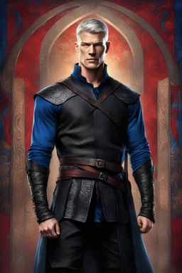 Adult man fusing Alan Ritchson, and Jack Reacher's features, fair complexion, sporting short silver hair, dressed in black and red medieval attire, intense blue eyes, standing amidst a backdrop of a richly-colored medieval tapestry, graphic novel style, digital art, high contrast, richly textured fabrics, subtle shading, dramatic lighting, high detailed.