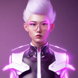 cute asian in futuristic suits, white hair color, pink and purple background, pink lighting, deep purple backlighting