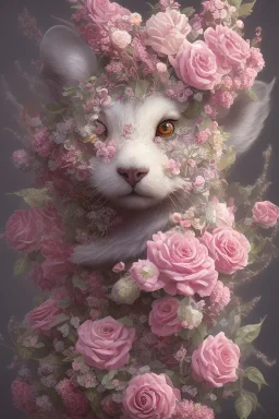 Victorian animal with pink flowers, in the style of Camilla d'Errico, hyper detailed, beautiful, complex, trending on artstation, cinema4d, cryengine, national geographic photo, chiaroscuro