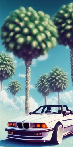 1980's aesthetic vaporwave palm trees and spheres and sports bmw