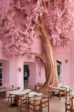 A Epic tree carved into beautiful cafe, masterpiece , art by jorge pardo, photorealistic, pinkish color, meditative vibe, ornate, wide view