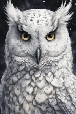 ink wash and watercolor illustration of a wizened Snowy Owl girl with highly detailed feathers and facial features , with a fine art aesthetic, highly detailed , realistic , 4k UHD cinegraphic quality