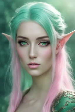 woman, mint hair, pink eyes, pale, green background, fog, elf, fantasy