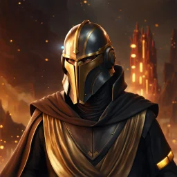 star wars bald male corellian jedi pilot wearing black and gunmetal grey old republic armored robes with gold trim, alone, battle-ready Jedi Master defending a ruined ancient city surrounded by golden light, centered head and shoulders portrait, hyperdetailed, dynamic lighting, hyperdetailed background, 8k resolution, volumetric lighting, light skin, fully symmetric details