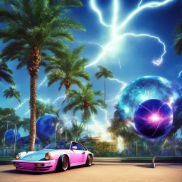 1980's aesthetic vaporwave palm trees and spheres and Porsche with lightning on fisheye filter