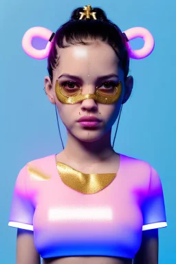 Ultra Realistic image, Rosalía artist, casual portrait, normal complexion, natural small busty, two bows, little chopsticks hair ,black eye long liner, latex t-shirt, inflatable open coat, gold pink and blue style, spray line glow make up, geometric led jewelry, fog, hot, inflatable style latex coat, vibrant color, highly detailed, art stations, concept art, smooth, unreal engine 5, god rays, ray tracing, RTX, lumen lighting, ultra detail, volumetric lighting, 3d, finely drawn.