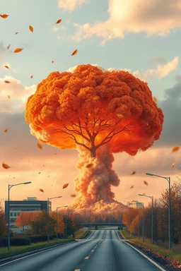 top right corner is a nuclear explosion cloud, top of explosion looks like a autumn tree full of leaves, add leaves falling everywhere in foreground, horizon at 1/3 from top, bottom 2/3 is a road through a road, a wind is blowing away from the tree. a commercial building is on the middle left