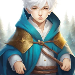 Fantasy World, A boy only wearing a closed wizards robe, and wearing a wizards hat. White Hair. Golden Eyes