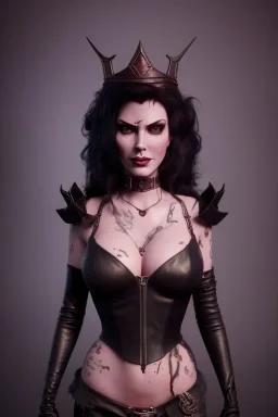 Amy Dumas as evil queen in black leather, leather, busty, cleavage, angry, rage, stern look. character design by cory loftis, fenghua zhong, ryohei hase, ismail inceoglu and ruan jia. unreal engine 5, artistic lighting, highly detailed, photorealistic, fantasy