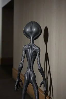 a gray alien standing by a wall pissing back view he turned face write scared