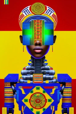 robot portrait in Kente, cinematic, ghana flag, african pattern symbols, engraved, 8k quality