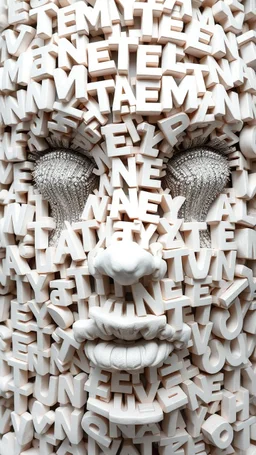 A balled face in details . The texture of the face is a collage of many 3D white random letters covering the whole face and the eyes are covered by waterfalls