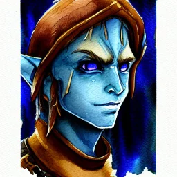 dnd, fantasy, watercolour, ilustration, halfling, artstation, ranger, infused with elemental powers of water, portrait, face, glowing blue eyes