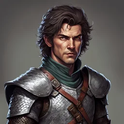 dungeons and dragons; portrait; solid background; human; chainmail; androgynous; soldier; middle aged; rugged