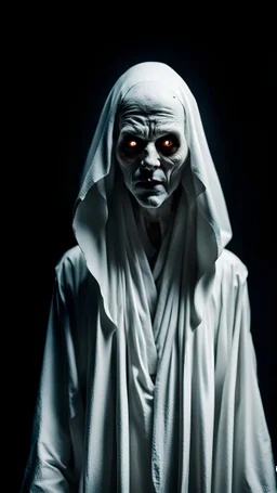 A creepy figure in a white robe looks ominously at the camera on a black background