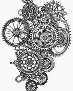 realistic Steampunk Gears and Cogs idea, line art, background, vector, svg, black outline on white background, leave plenty of white space beetween lines for coloring, tattoo style, tattoo idea,full body, minimalist