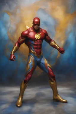 the Flash, Gold boots, extremely huge, overexaggerated muscles, posing and flexing in a front of the camera, random extreme action poses, an extremely colorful, multicolored foggy blue marble wall in the background with a colorful marble tile floor, multicolored lightning, realism engine,