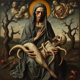 medieval painting depicts a decaying zombie Madonna figure with rotting flesh sitting upright while cradling a grotesque, otherworldly xenomorphic body with multiple tentacles. The zombie Madonna wears tattered, grey robes revealing decomposed skin, while the xenomorphic creature has pale, elongated segments and distorted features. The background shows a dark, twisted landscape inspired by Arnold Bocklin's composition style, with gnarled trees and swirling clouds reminiscent of Hieronymus Bosch'
