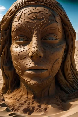 Close-up Portrait of a Female looking at the camera, symmetrical asymmetry, Massive Bronze Sculpture in the sands of a broad beach, Beksinski & Moebius, Sci-fi Fantasy Realism, Surrealism Pareidolia Filled With Negative Space