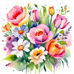 A bouquet of colorful flowers on a white background, a vibrant watercolor floral illustration, bright and cheerful blooms with a mix of roses, tulips, and daisies, surrounded by delicate green leaves, Artwork, watercolor on paper with rich and vivid pigments,