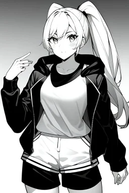 blonde girl with ponytails dressed in a jacket and shorts walks proudly, greyscale