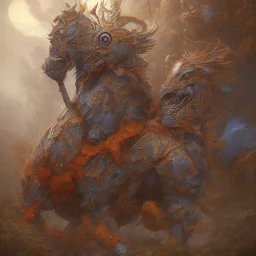 angry horse in orange and blue battle armor, bucking, a highly detailed illustration, background of Inka jungle, realistic render, 8 k, micro detail, intricate, elegant, centered, digital painting, Artstation, smooth, sharp focus, illustration, artgerm, tomasz alen kopera, peter mohrbacher, donato giancola, joseph christian leyendecker, wlop, boris vallejo