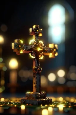 a symbolic cross like a boss with eyes like spotlights and children swinging , photo-realistic, shot on Hasselblad h6d-400c, zeiss prime lens, bokeh like f/0.8, tilt-shift lens 8k, high detail, smooth render, down-light, unreal engine 5, cinema 4d, HDR