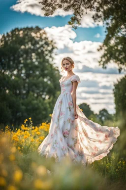 fullbody girl makeup wearing a victorian dress walking in country side ,flowers ,pretty clouds in blue sky