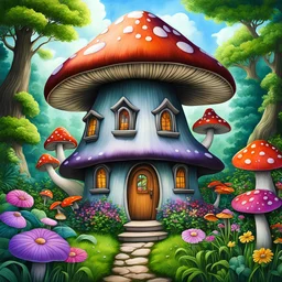 A charming mushroom house, surrounded by lush greenery and colorful flowers. Pencil drawing fully colored, satin digital painting, realistic, art by George Callaghan, with brush strokes and textures in artistic style, cute cartoon
